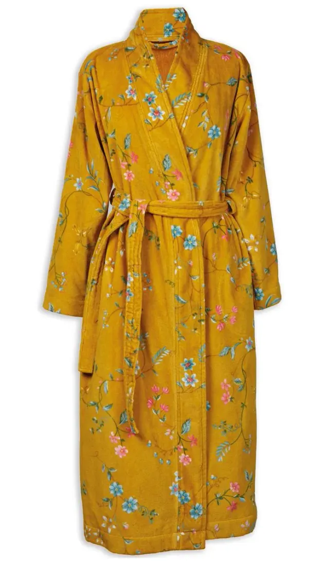 Pip Studio Les Fleurs badekåpe L gul blomster frotté
