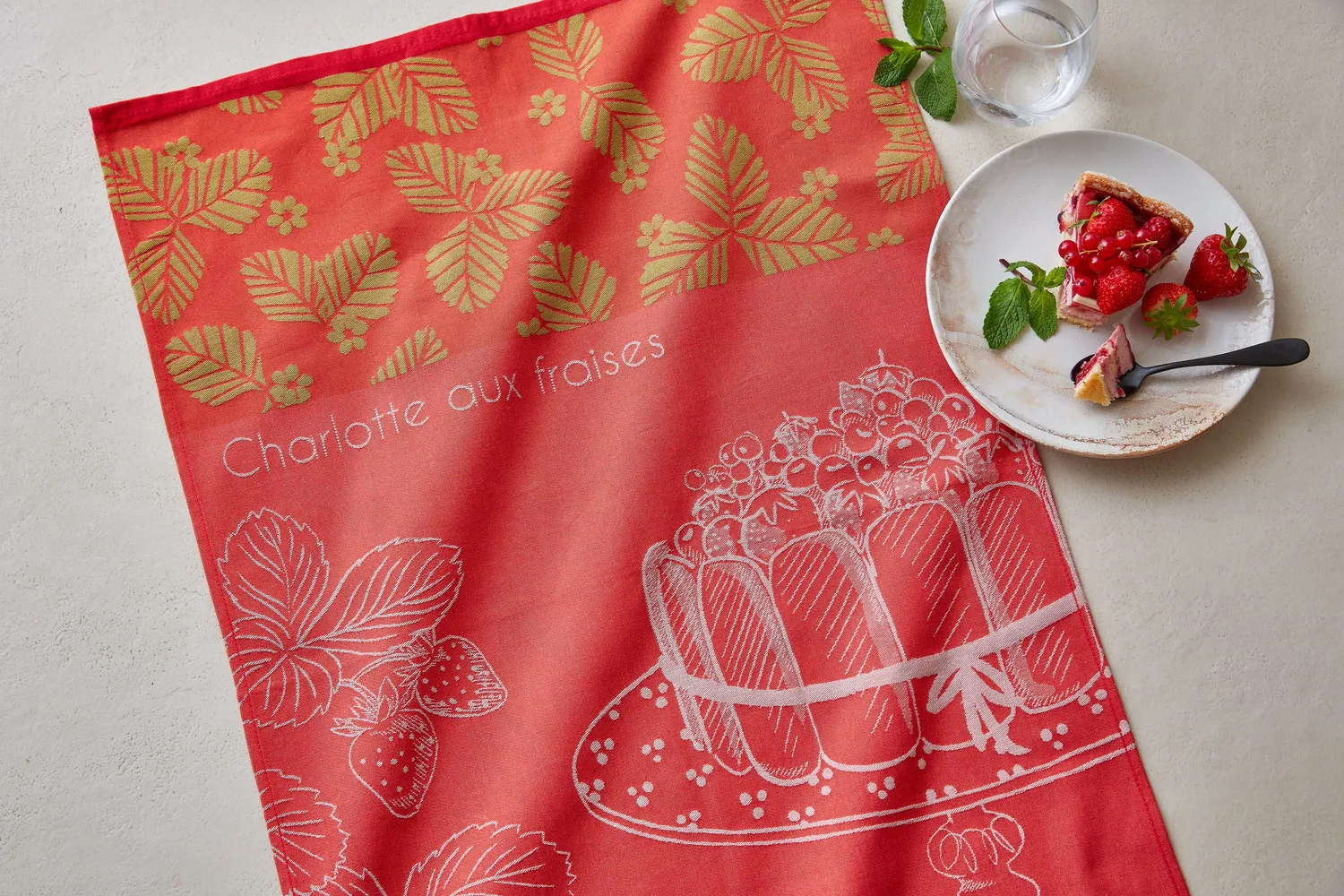 Coucke Strawberry Charlotte Jacquard kjøkkenhåndkle rød 50x75