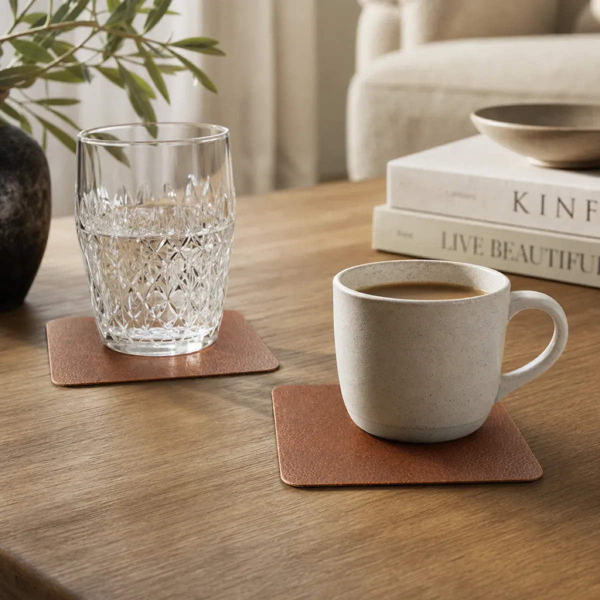 Xapron firkantede glassbrikker i lær cognac 8-pk 10 cm