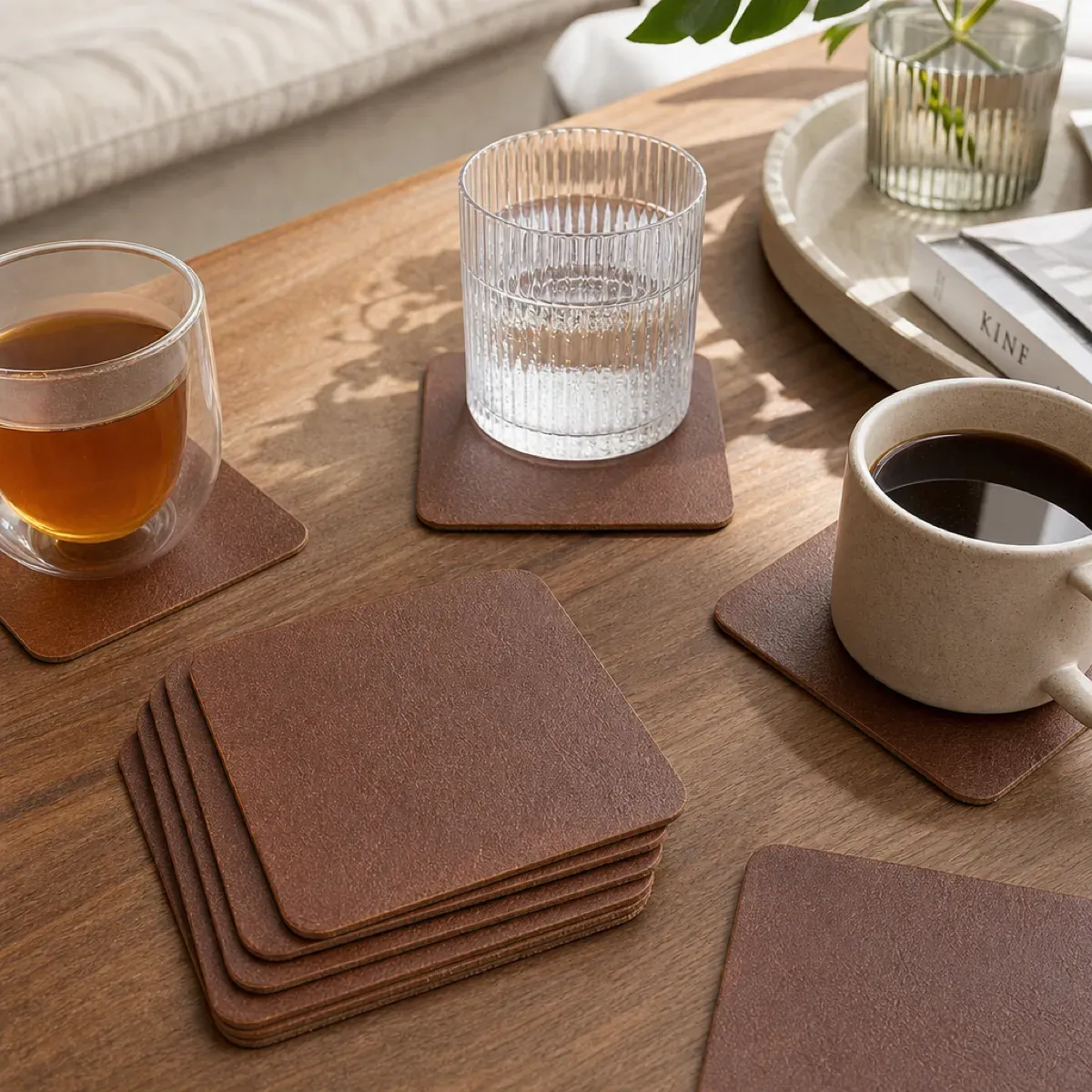 Xapron firkantede glassbrikker i lær cognac 8-pk 10 cm