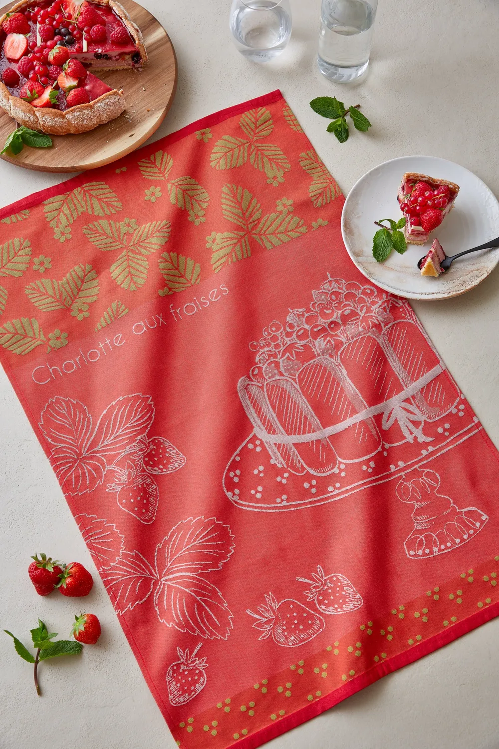 Coucke Strawberry Charlotte Jacquard kjøkkenhåndkle rød 50x75