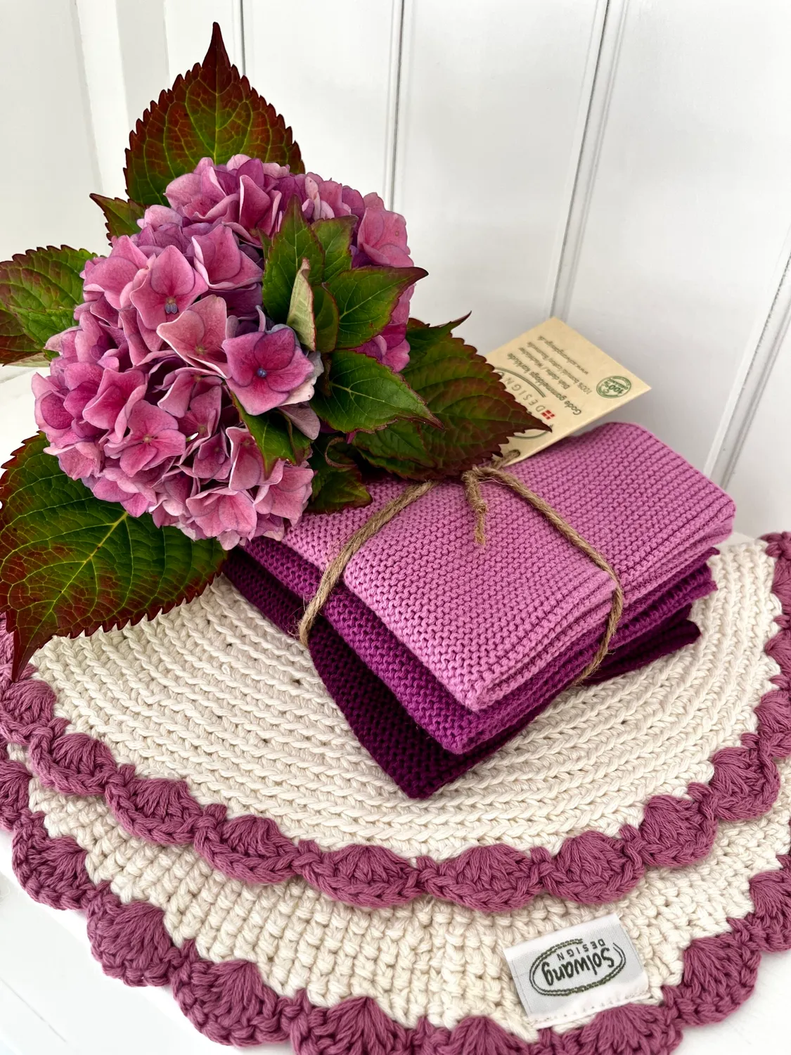 Solwang Design potetvarmer heklet rosa/natur bomull